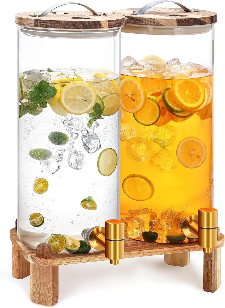 2 Pack 2 Gallon Large Drink Dispenser with Wooden Stand, Glass Beverage Dispenser with Stainless Steel Spigot, Water Drink Dispensers for Lemonade, Juice, Cocktails, Tea, and Party Drinks