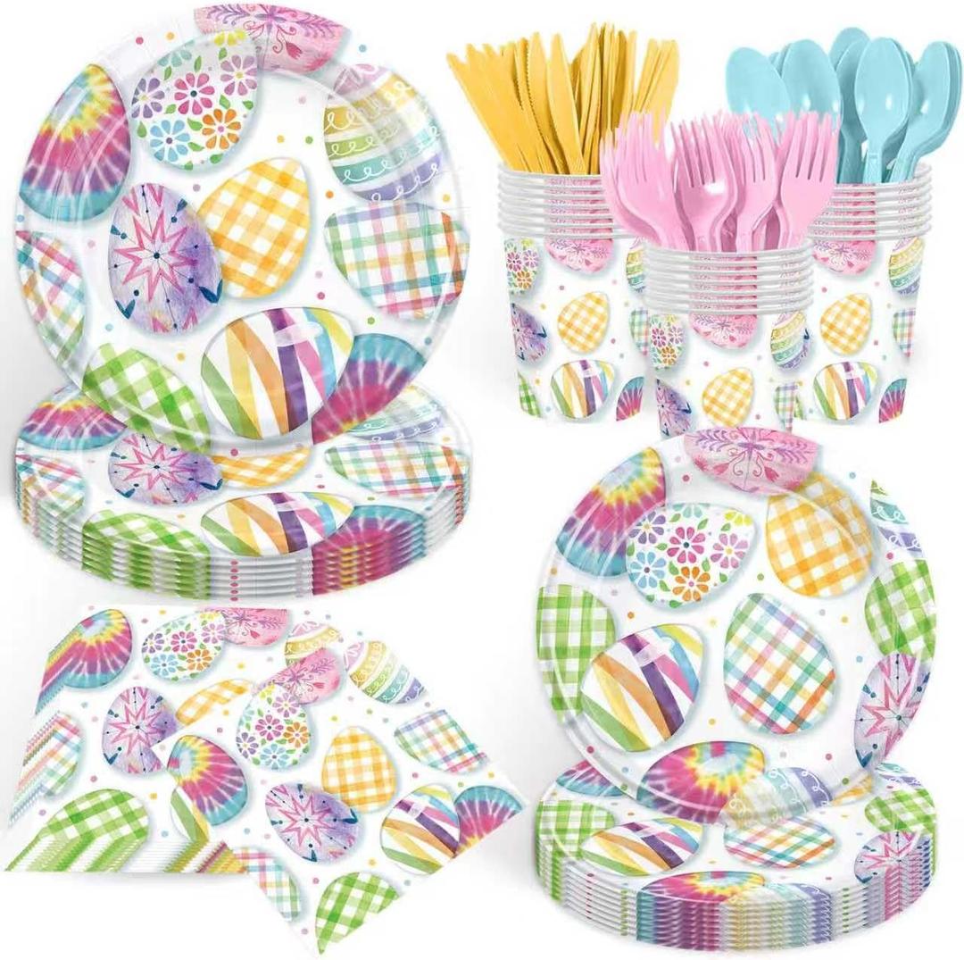 168PCS Easter Party Supplies Watercolor Easter Eggs Party Decorations Colorful Tie-dye Paper Plates Napkins Cups and Forks for Spring Celebration Easter Day Egg Hunt Holiday Brunch Serves 24