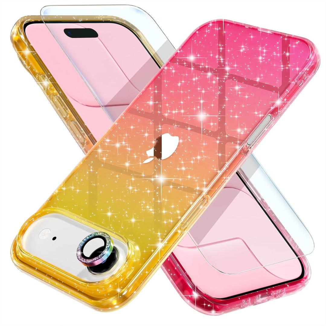 Choiche Compatible for iPhone 17 Air Case, Women Cute Clear Glitter Bling Sparkly Case, [1 x Diamond Camera Lens Protectors] [2 x Tempered Glass Screen Protectors] 6.5-inch (Glitter Gold/Pink)