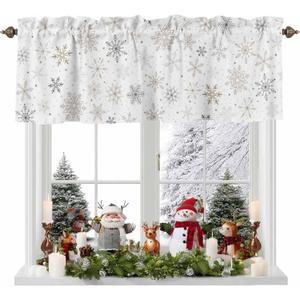 Christmas Valance, Gold and Grey Snowflake Christmas Valances for Windows Rod Pocket Curtain Valances Snowflake Christmas Window Treatment Small Curtain for Xmas Winter 42" W x 18" L, 1 Panel