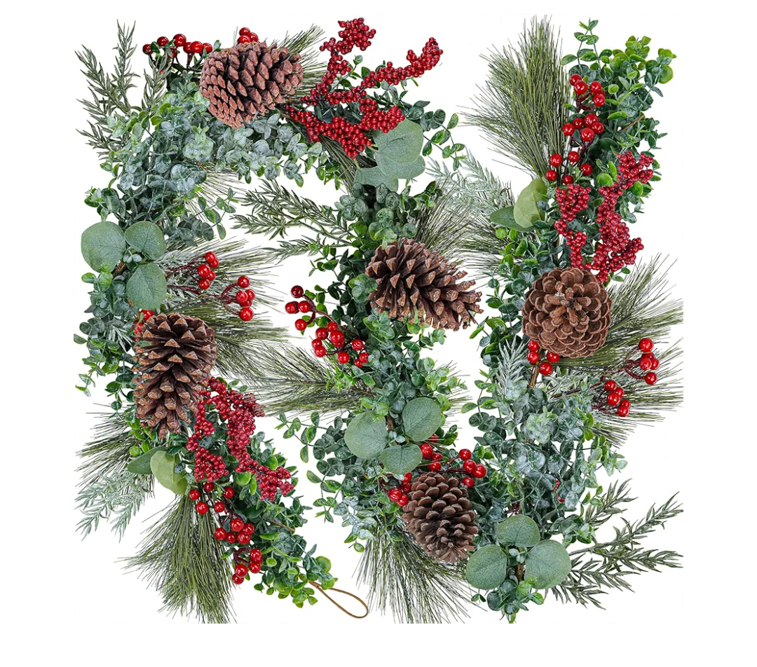 Winlyn 6' Long Artificial Eucalyptus and Pine Christmas Garland with Pine Cones Red Berries Pine Needles Winter Greenery Garland Christmas Season Holiday Wedding Table Runner Centerpiece Mantel Decor