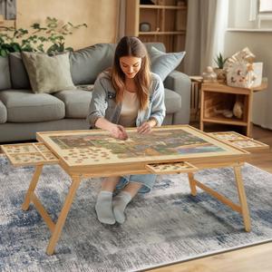 HALLYBEE 2000 Pieces Puzzle Board, Folding Legs, with 4 Drawers and Cover, Natural