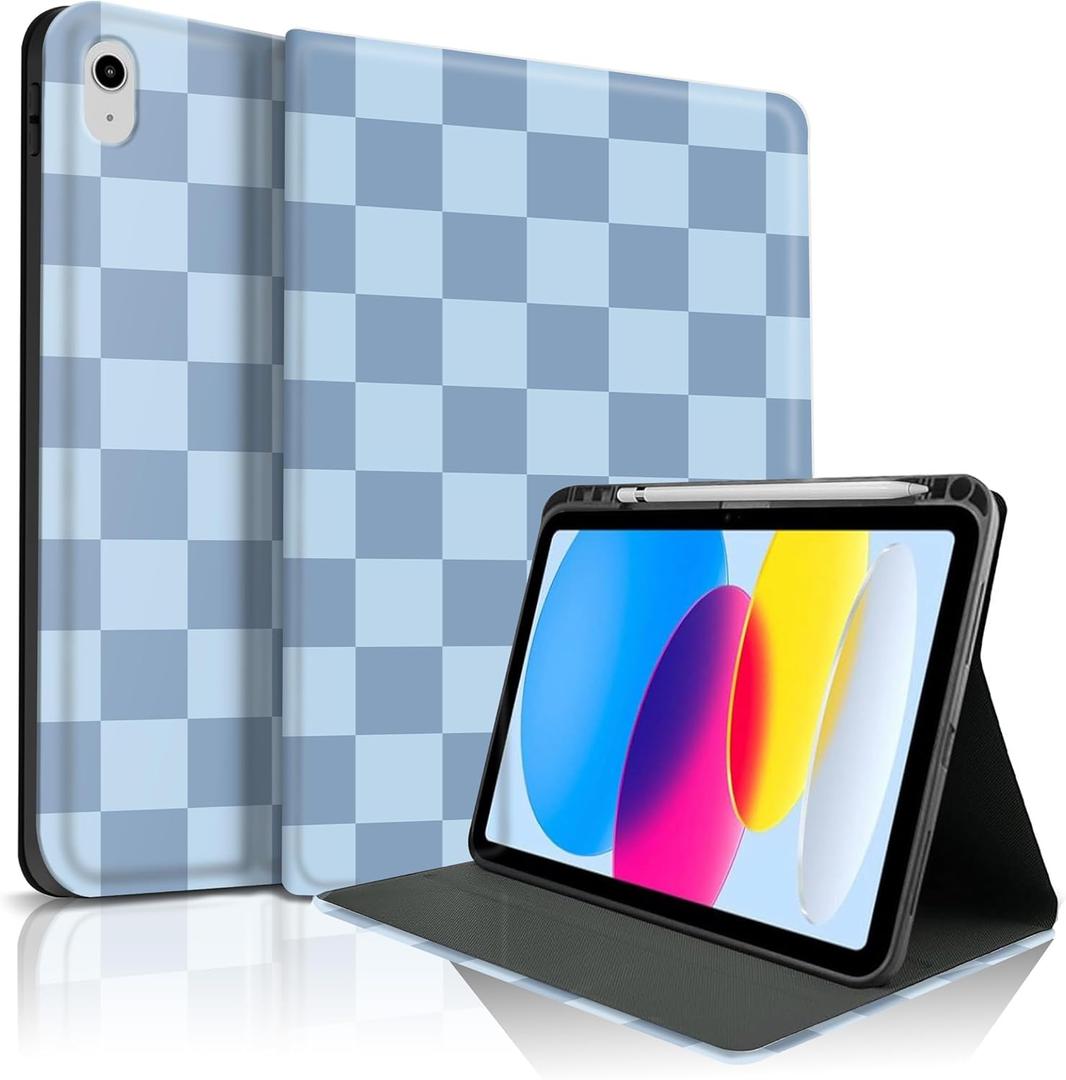 TopPerfekt Case for iPad 11th (A16) 11-inch 2025 / 10th Generation 10.9-inch 2022, Cute Plaid Checkered Series Stylish Aesthetics Design Protective Cover with Pencil Holder Anti Slip Shockproof, Blue