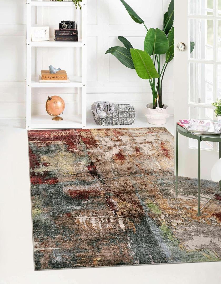 Modern Abstract 4x4 Area Rugs for Living Room, Washable Bedroom Rug Soft Non Slip Low Pile, Faux Wool Contemporary Carpet for Indoor Floor Decor Home Office Dining Room,Red/Multi