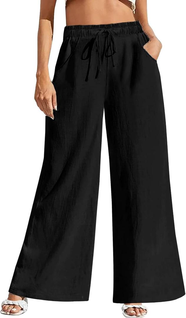 Fancysters Women Wide Leg Linen Pants, High Waisted Summer Casual Cotton Linen Palazzo Pants with Pockets (Black), Medium