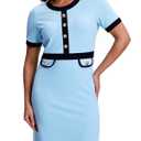 SeSe Code Women's Color Block Modest Work Dress Short Sleeve Business Dresses Button Crew Neck Elegant Bodycon Baby Blue XL (Blue, XL)