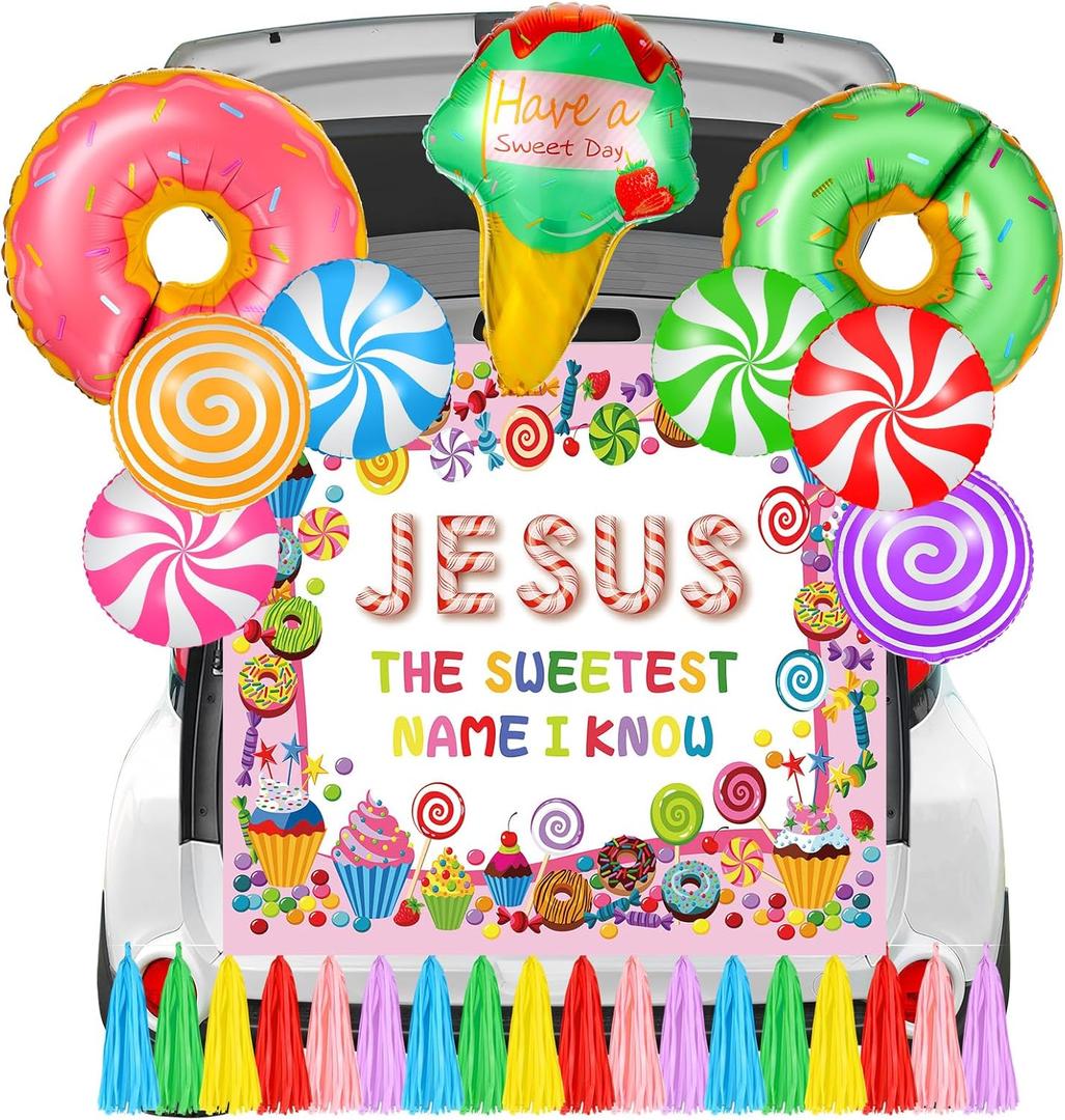 16 Pcs Religious Halloween Trunk or Treat Decorations Kit Christian Car Archway Garage Decor Banner Lollipop Donut Balloons Tassel for SUV Car House Party Decoration