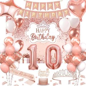 10th Birthday Decorations for Girls, 52pcs Sweet Rose Gold Happy 10 Birthday Decorations Including 10th Rose Gold Crown, Sash, Banner, Background for 10 Party Decorations Set