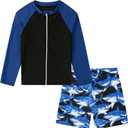 Boys Zipper Rash Guard Sets UPF 50+ with Short 3-9 Years (7-8 Years, 005 Shark)