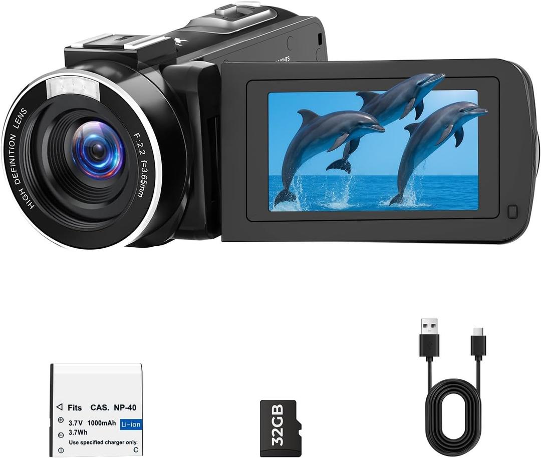 Camcorder Video Camera, Digital Camera 1080P 18X Digital Zoom Cam Corder with Fill Light, 3" 270 Rotatable Screen Webcam Anti-Shake 48MP Vlogging Camera for YouTube with 32GB Card & Battery