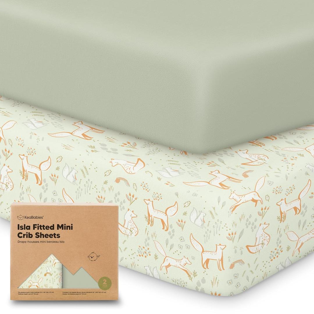 Pack and Play Sheets Fitted - 2-Pack Mini Crib Sheets for Pack N Play Mattress 38x26, Soft & Cozy, Neutral Toddler Playard Bedding, Snug Fitted Mini Baby Crib Mattress Cover Boy, Girl (Foxtrot)