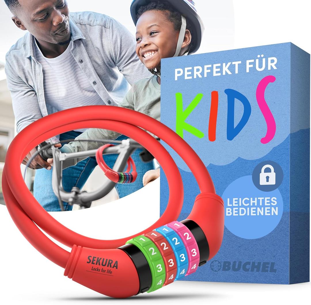 Büchel Bike Locks Cable for Kids - Colorful & Keyless - Secure Your Child's Bike - Easy-to-Use Bicycle Accessory, High Security 5 Digit Resettable Combination Coiling Bicycle Lock, Anti Theft Red