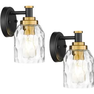 zeyu Wall Sconces Set of 2, 1-Light Bathroom Light Fixtures, Modern Vanity Light Wall Lamp with Water Ripple Glass Shade, Black and Gold Finish, ZG33B-2 BK+BG-WG