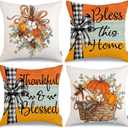 GEEORY Fall Throw Pillow Covers 20x20 Inch Set of 4, Pumpkins Eucalyptus Bless This Home Autumn Seasonal Decorative Farmhouse Decoration for Home (Orange) G553-20