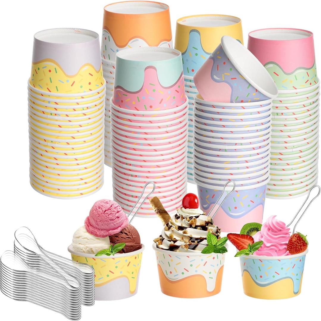 Boao 100 Set 5 oz Ice Cream Cups with Spoons Disposable Paper Sundae Dessert Bowls Summer Party Supplies (Confetti Style)