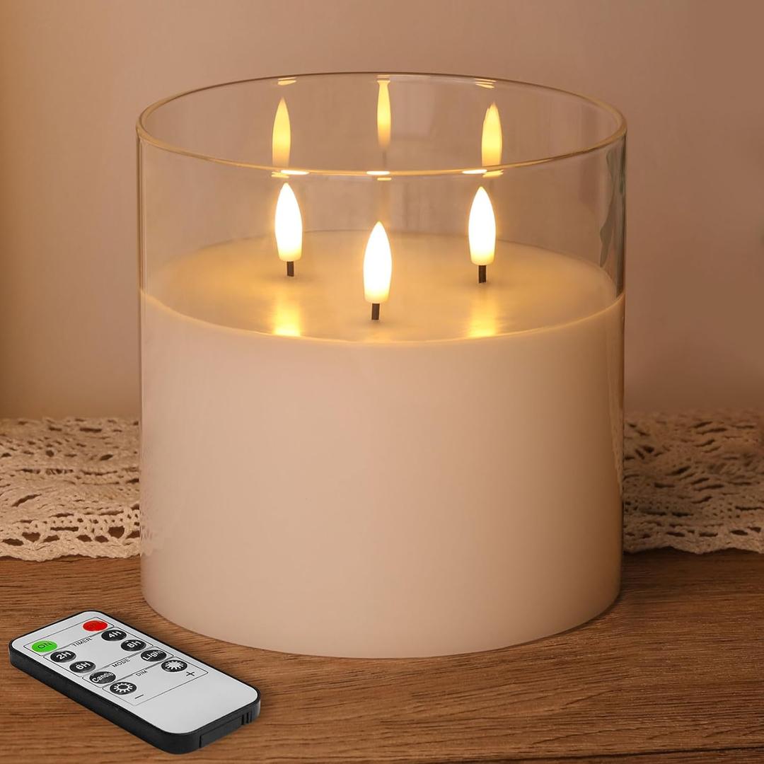 Eywamage 3 Wick Clear Glass Flameless Candle with Remote, Large Flickering LED Battery Pillar Candle  6" H 6"
