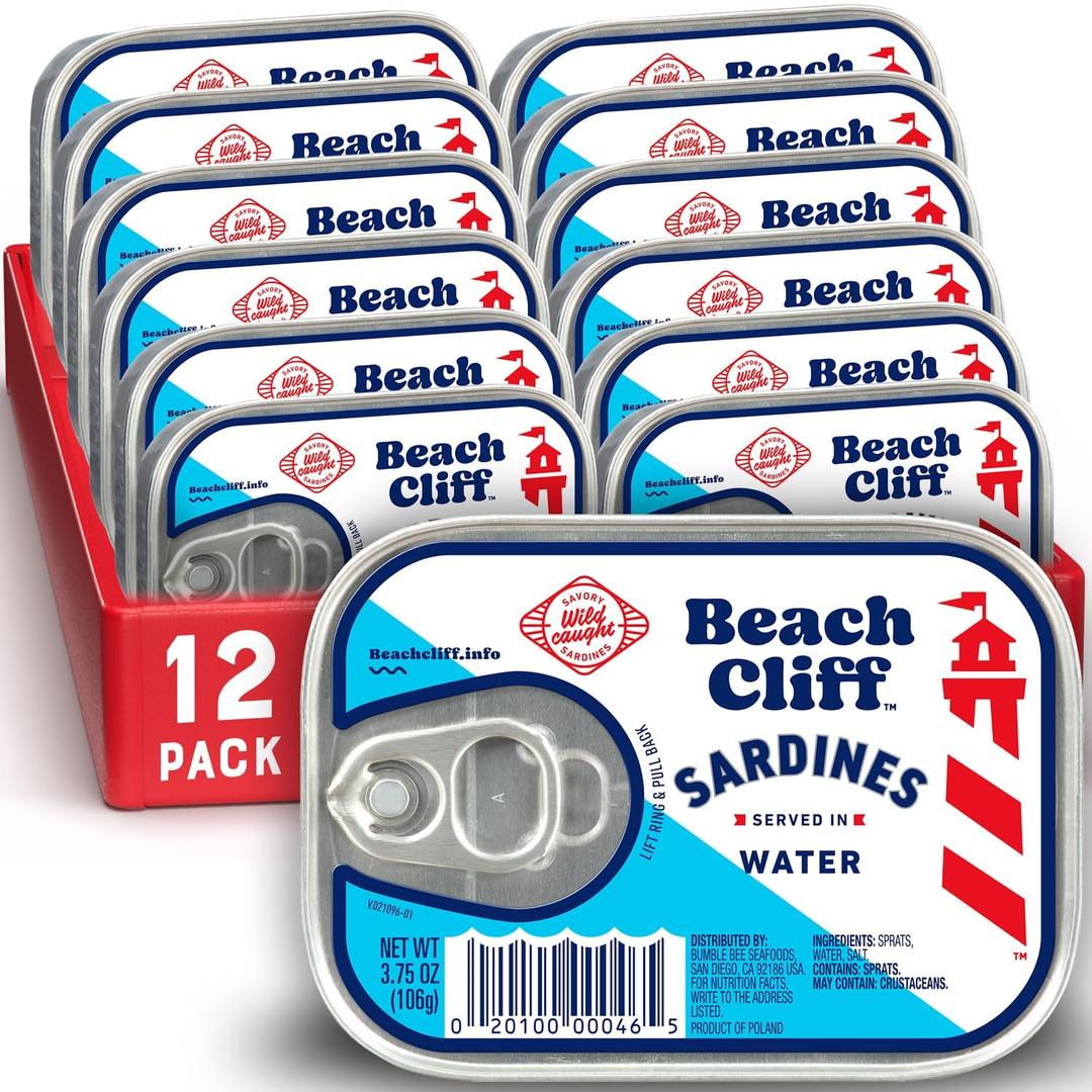 Beach Cliff Sardines in Water, 3.75 oz Can (Pack of 12) - Wild Caught Sardines - 12g Protein per Serving - Gluten Free, Keto Friendly (EXP 04/30/29)