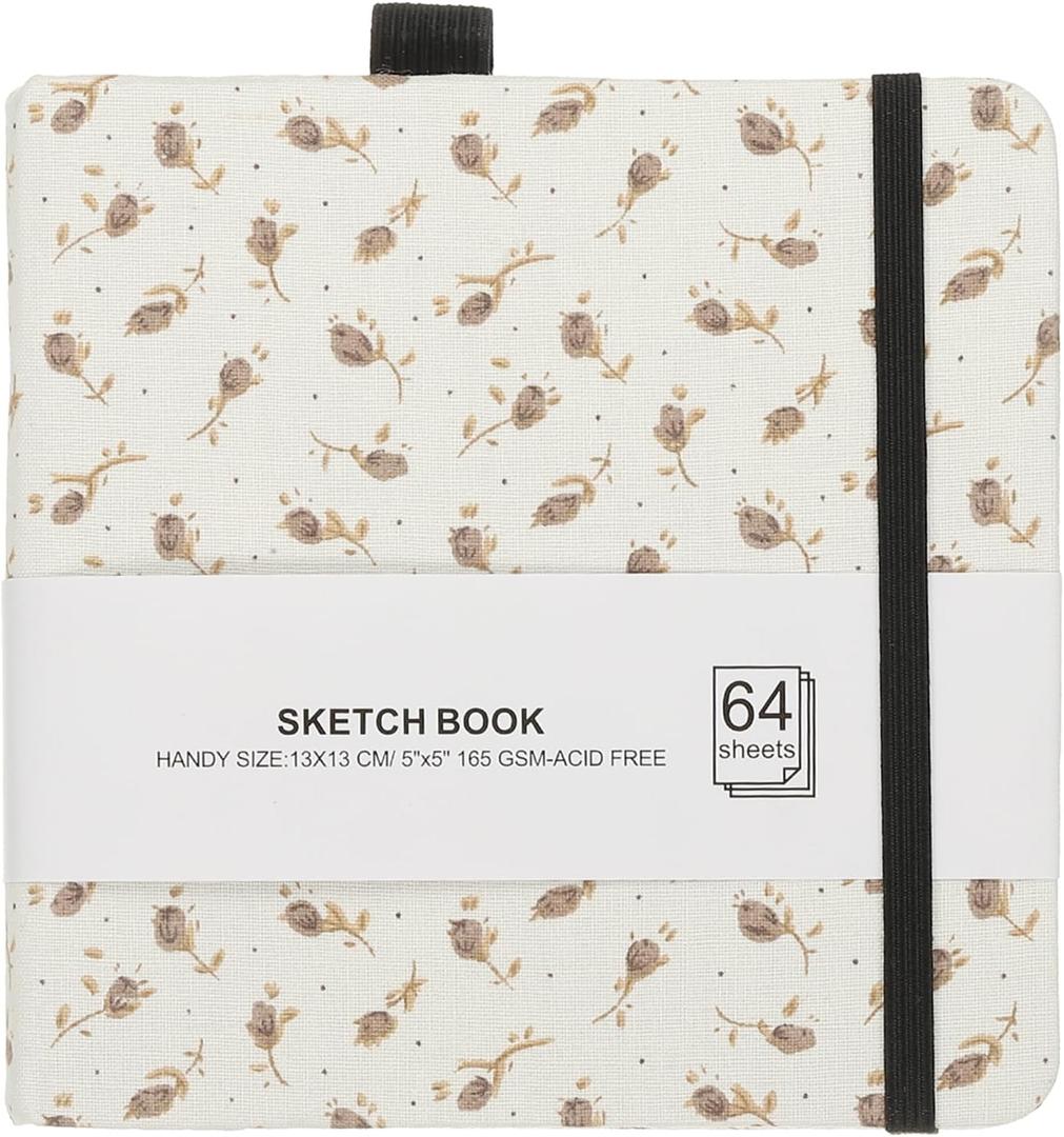 PATIKIL 5.1x5.1 Watercolor Sketchbook, 64 Sheet 165GSM/112lb Watercolor Paper Sketchbooks Acid Free Watercolor Journal Hardcover Artists Paper Pads with Pen Holder, Brown Flower