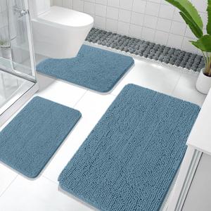 OLANLY Bathroom Rugs Sets 3 Piece, Soft Absorbent Chenille Bath Mats and U-Shaped Contour Toilet Rug, Quick Dry, Home Decor Accessories, Bath Mat Set for Bathroom (36"x24"+24"x16"+24"x20", Airy Blue)