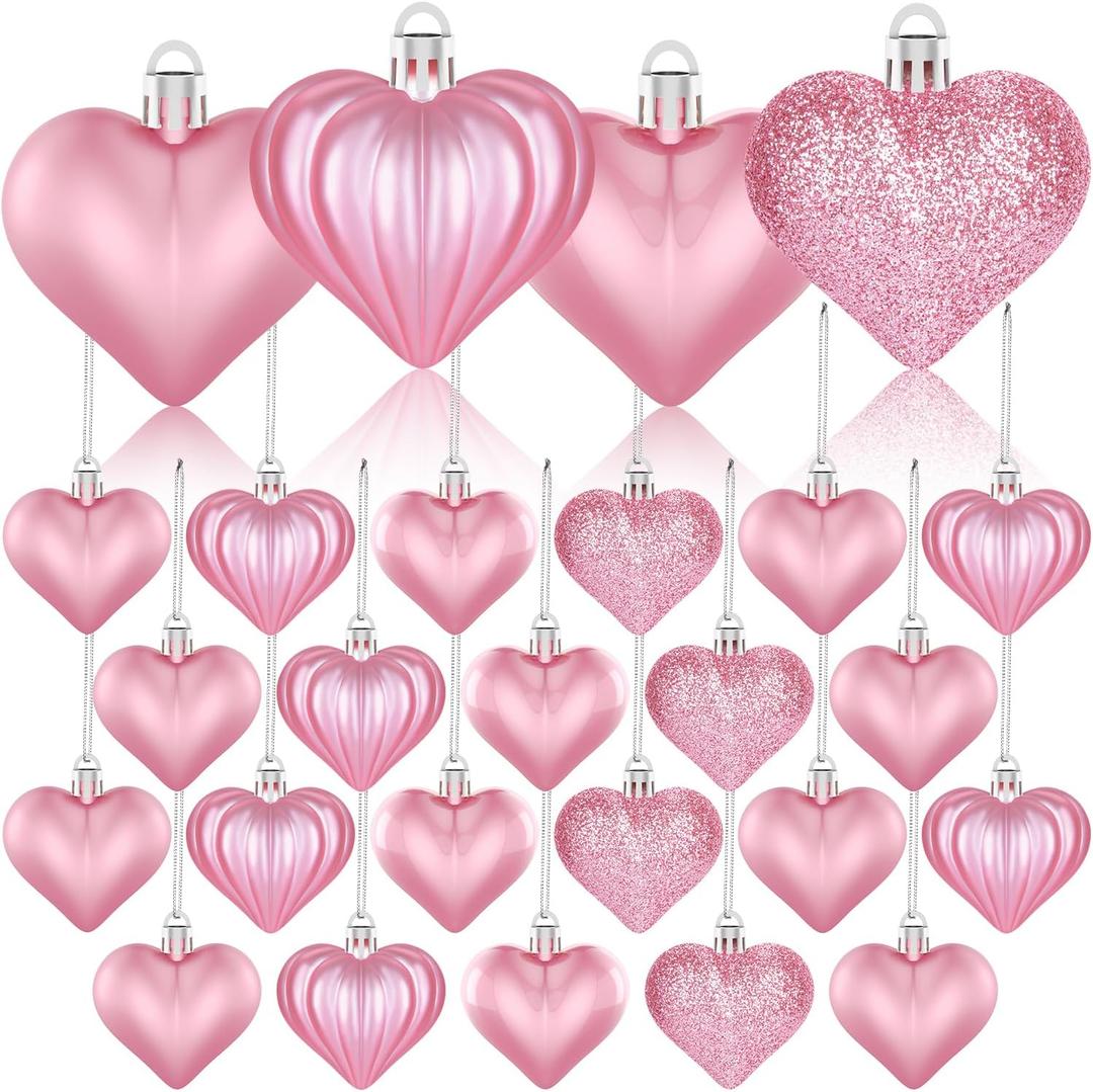 36Pcs Valentines Day Decor Heart Ornaments Pink Heart Shaped Baubles Ornaments for Valentine's Day Hanging Decorations or Wedding Anniversary Party Supplies Home Tree Decorations (4 Styles)