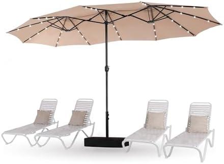 15ft Patio Umbrella with Solar lights & Base, Large Umbrellas, Beige | HERA'S PALACE Rectangle Double Market Umbrella with 36 LED Lights, Big Outdoor Umbrellas for Pool Picnic Inground Yard Deck