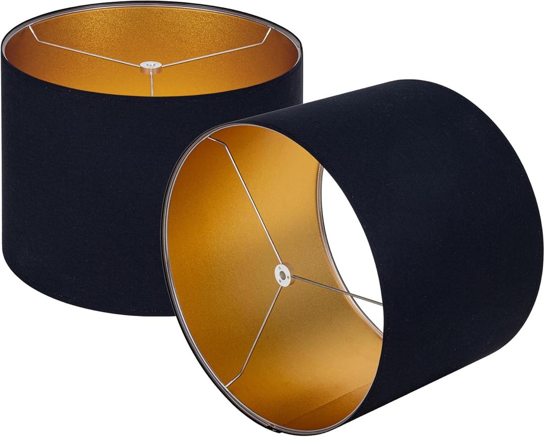 Wellmet Blackgold Set of 2 Drum Lampshades, Easy Assembly Required 16" Top x 16" Bottom x 12" High Replacement Lamp Shades, Fabric Lampshades for Table Lamps Floor Lamps, Metal Spider Fitter