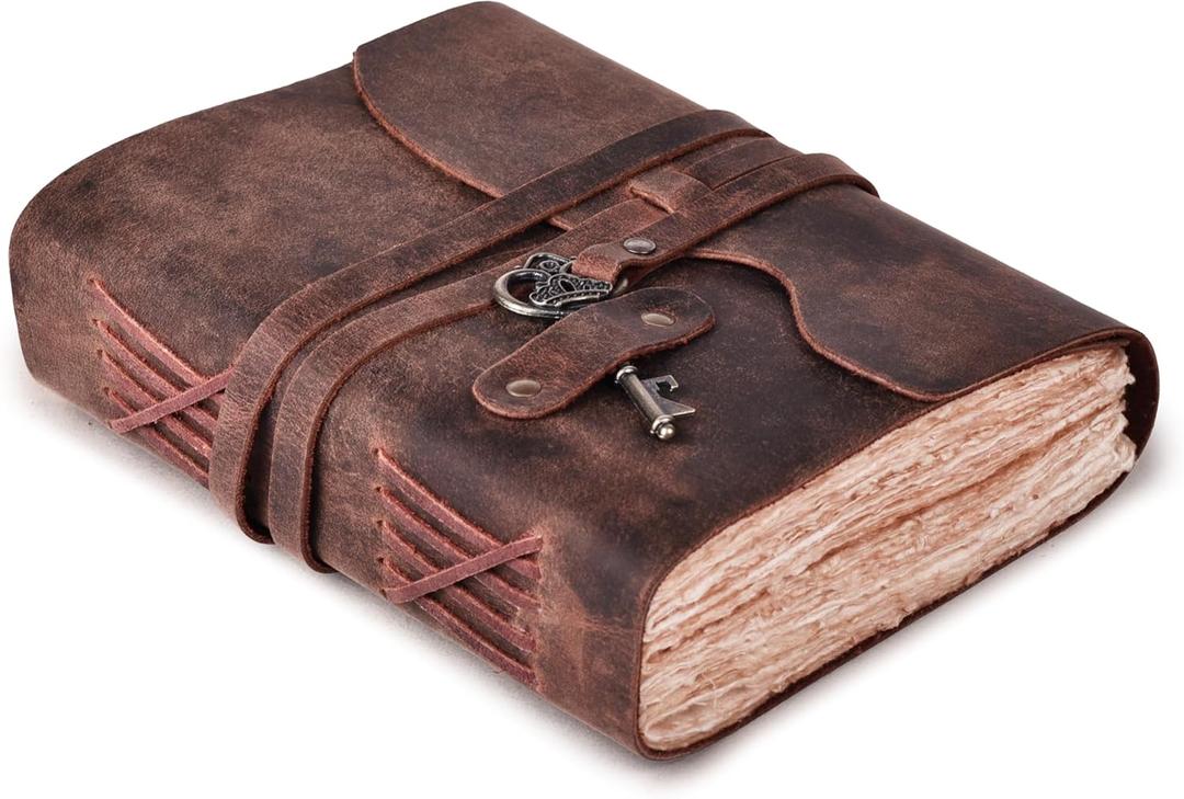 LEATHER VILLAGE Leather Journal 200 Handmade Vintage Deckle Edge Paper Leather bound Journal For Women Men- Vintage Key Closure - Book of Shadows - 6X4 inches (A6) - Fuchsia