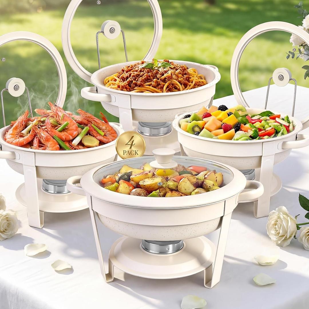 Chafing Dishes for Buffet,4 Pack 5QT Maifanite-Coated Chafing Dishes, White Chafing Dish Buffet Set with Glass Lid and Lid Holder,Food Warmers for Parties Buffet for Wedding,Church Events,Birthday