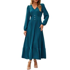 Dokotoo Fall Outifits for Women 2025 V Neck Puffy Long Sleeve Flowy Wedding Guest Dresses Swing Casual Long Dress Tiered Ruffle A Line Elegant Cocktail Party Dresses Blue, Small