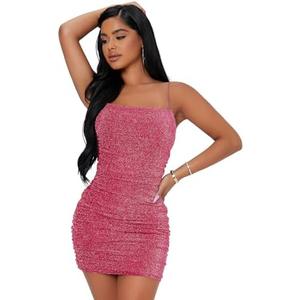 Floerns Women's Glitter Sleeveless Ruched Party Clubwear Bodycon Mini Dress L