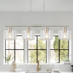 4-Light Brushed Nickel Kitchen Island Lighting, Modern Linear Dining Room Chandelier Light Fixtures with Clear Glass and Chain, Mid Century Hanging Lights for Kitchen Island, OS-YQ8153-4ISBNC