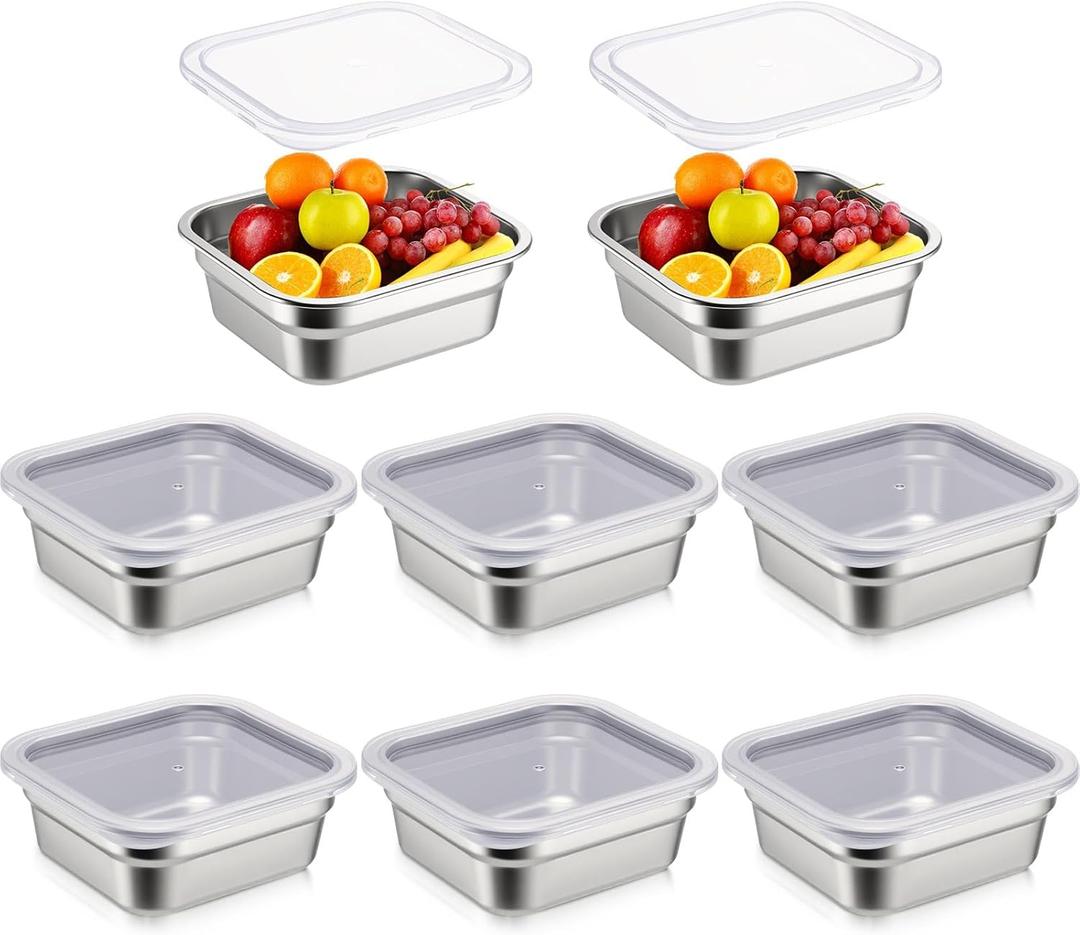 8 Pcs 1/6 Size Hotel Steam Table Pans with Lids, Stainless Steel Food Containers and PP Plastic Covers, Anti-clogging Steamer Pans for Buffet, Catering, Restaurant, and Food Prep (2.5" Deep)