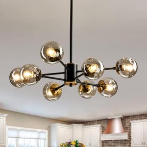 8-Light Glass Globe Sputnik Chandelier Matte Black and Gold Mid Century Modern Ceiling Light Fixture Adjustable Vintage Hanging Pendant Lighting for Dining Room Kitchen Bedroom Farmhouse