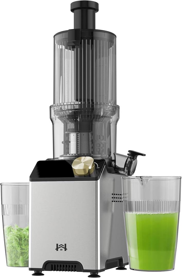 Cold Press Juicer, Juicer Machines with 4.35'' Wide Feed Chute, Stainless Steel Masticating Juicers Easy to Clean, Ergonomic Operational Panel Design, High Juice Yield, Golden Color Knob
