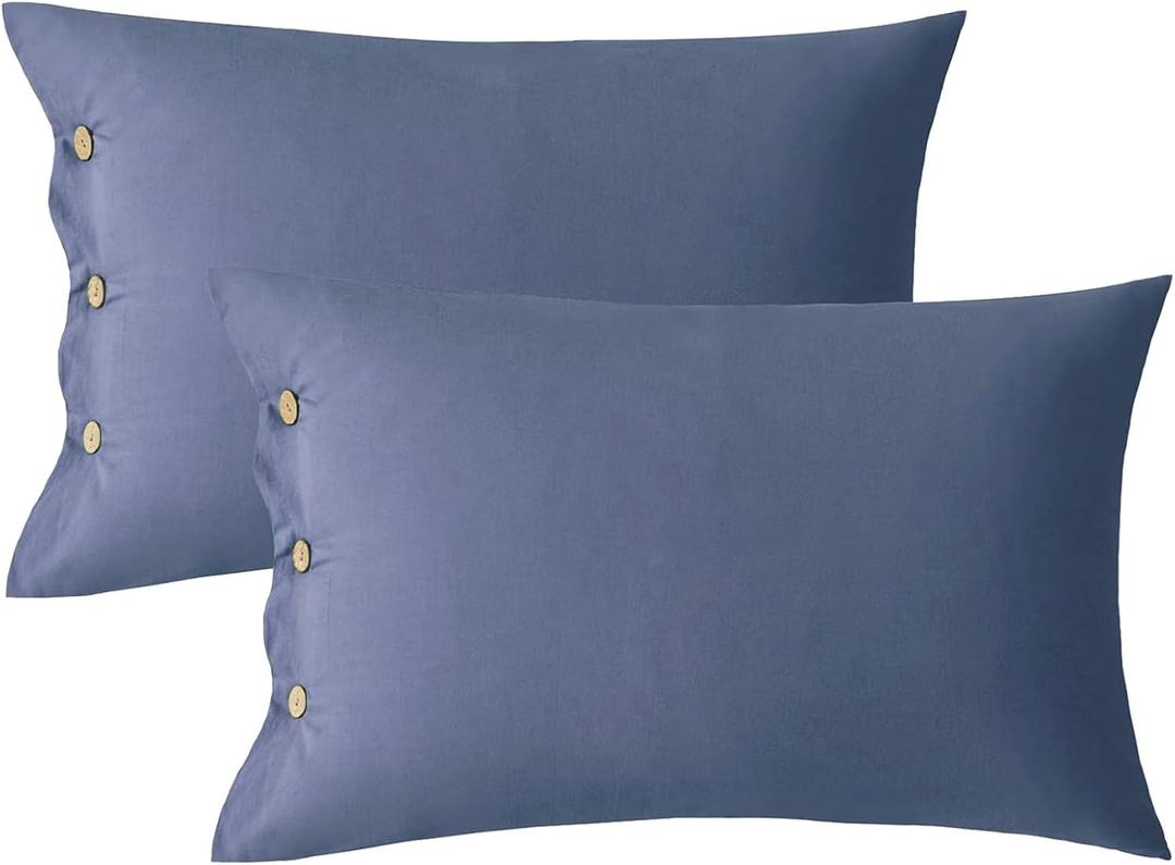 JELLYMONI Pillowcases - Standard Set of 2 Cotton Button Pillow Covers, 2026in Blue Bed Pillow Cases, 100% Washed Cotton Soft Breathable