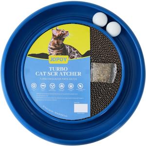 Round Cat Scratcher Pad with Two Interactive Spinning Balls for Active Play Kitten and Adult Cats (Blue)