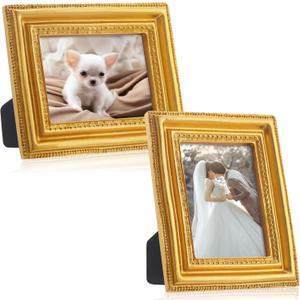 Qunclay 2 Pcs Small Gold Picture Frames Pack Mini Retro 2. 5x3. 5 Antique Tiny Ornate Photo Frames for Wall Hanging Tabletop Display Home Gallery Decor