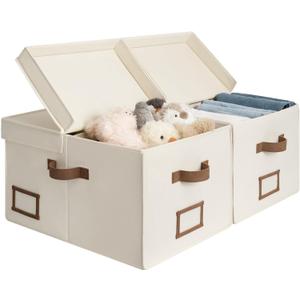 StorageWorks Large Clothes Storage Bins, Fabric Boxes with Divider Board, Baskets for Clothes, Linen Closet Organizers with Lid, Ivory White, 2-Pack