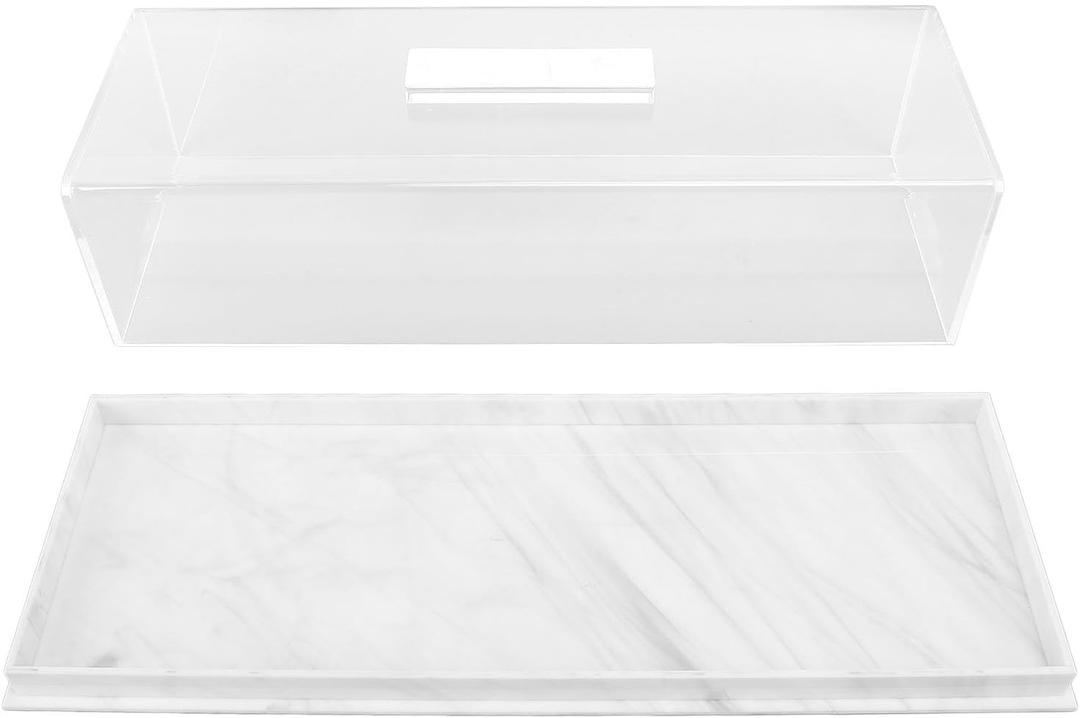 Pilipane Rectangular Cake Tray Marble Grain Acrylic Multifunctional Dessert Serving Tray with Lid for Home Kitchen Bakery Shop Transparent Display Cover Food Storage