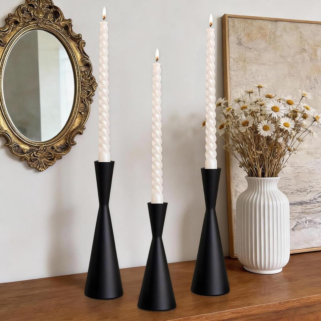 Double Taper Metal Candle Holders Set of 3, Candlestick Holders of Table Centerpiece, Long Pillar Candle Holders, Decorative for Birthday & Wedding & Dinning & Party & Home (Black)