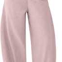 Susclude Womens Linen Blend Wide Leg Barrel Pants Baggy Loose Sweatpants Casual Elastic Waist Trousers Summer Vacation (Pink, L)