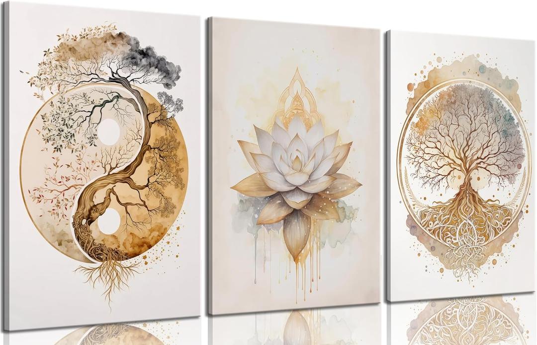 Tree of Life Canvas Wall Art Lotus Zen Painting Picture Wall Decor Abstract Yin Yang Fall Art Poster Print Artwork for Living Room Yoga Room Hotel Bedroom Home Decoration (24L" x 16W")