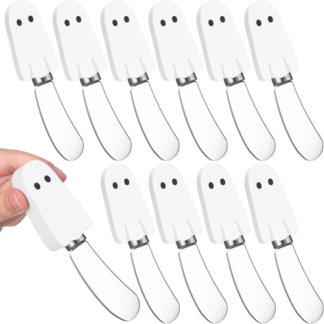 Sieral 10 Pcs Halloween Cheese and Butter Spreader Knives Ghost Cheese Spreader Butter Knives Multipurpose Halloween Decor with Hand Painted Wooden Handle Stainless Steel Blade