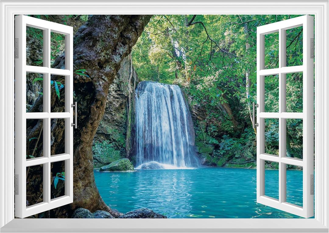 FLFK Fake Window Wall Mural - Waterfall and Lake in The Jungle Faux Window Wall Sticker for Wall Decor, Peel and Stick Wall Decals,48"x32",Set of 2 Sheets (Qt5559)