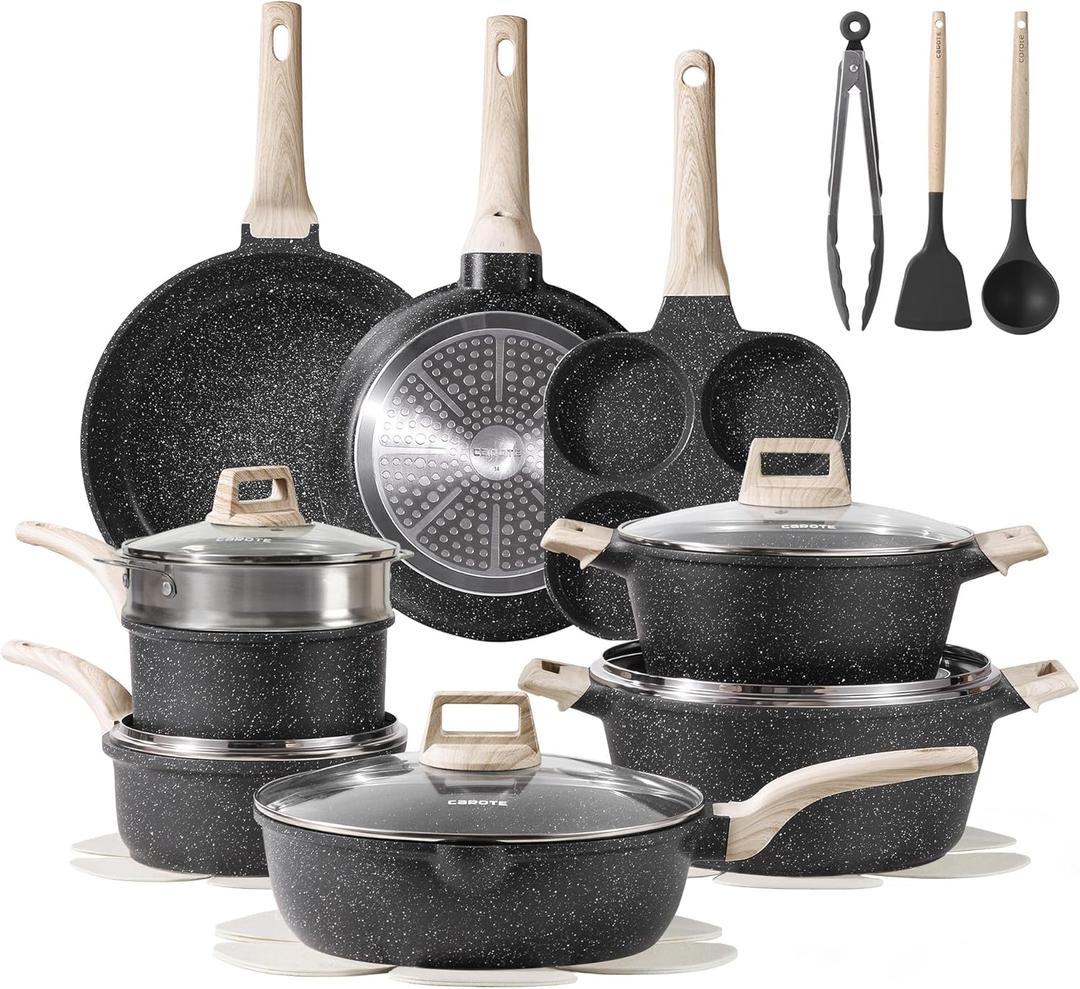 CAROTE 21pcs Pots and Pans Set Nonstick, Cookware Set Black Granite Induction Kitchen Cooking Set w/Frying Pans & Saucepans(PFOS, PFOA Free) (21 Piece, Classic Black)