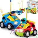 Prextex 2 Pack Cartoon Remote Control Cars for Toddlers - Police Car and Race Car with Steering Wheel Controllers and Lights - Different Frequencies So Both Can Race Together - Toddler Gift 18+ Months