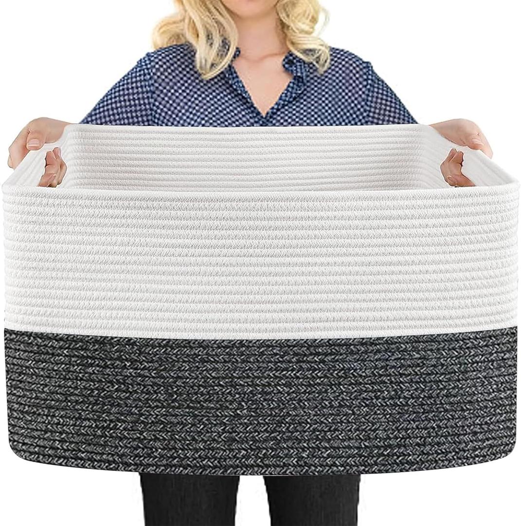 MEGASKET Extra Large Toy Box, 22" x 17" x 12" Rectangle Blanket Basket Living Room, Woven Cotton Rope Baskets for Storage, Soft Toy Storage Organizer Bin Chest, Kids Toy Box fo Living Room (White & Black Stripe)