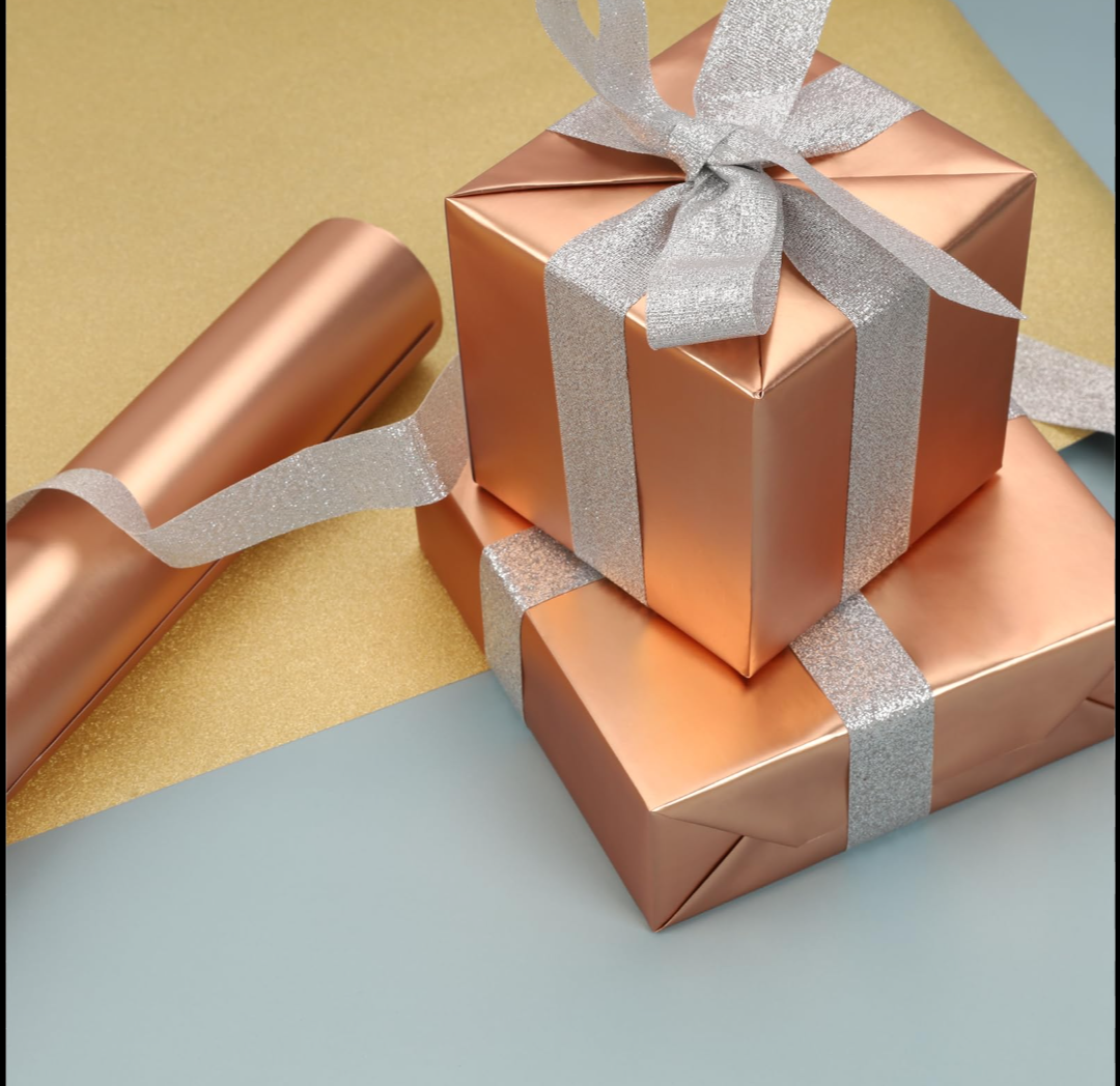 BIOBROWN Christmas Wrapping Paper Jumbo Roll with Trim Ribbon 30 Inch X 40 Feet (100 sq. ft. ttl.) Matte Champagne Design Perfect for Christmas, Party, Xmas, Holiday Gift Wrap