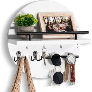 Key Holder for Wall Decorative with Shelf and Hooks, Mail Organizer Wall Mount with Sunglasses Holder, Circular Design Entryway Key Rack Hanger, Rustic Home Decor for Mudroom (White&Black)