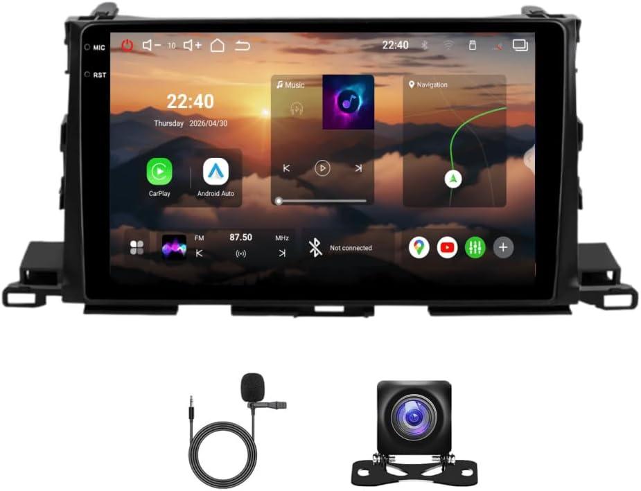 6+128GB Qualcomm Android 14 Car Stereo for Toyota Highlander 2014-2019 with Wireless Carplay Android Auto, 10.1 inch Aftermarket Octa Core GPS Navigation Radio with WiFi BT SWC + Backup Camera MIC